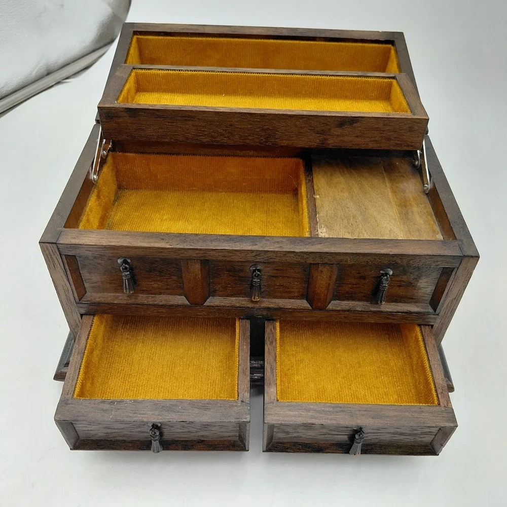Vtg Mele ? Wooden Musical Jewelry Box 3 Drawer Mustard Yellow Works Storage
